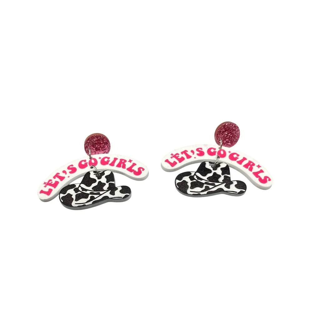 Lets Go Girls Cow Print Cowboy Hat Dangle Earrings Nashville Western Pink Glitt